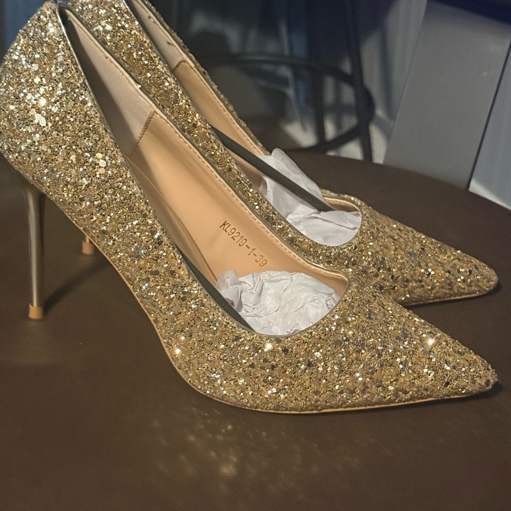 Bigtree Gold Glitter Pointed Toe Pumps - Women's Dress Heels - Picture 4 of 8